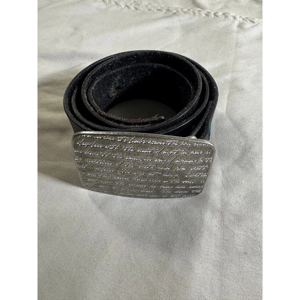 Express Mens Genuine Leather Belt Script Engraved Plaque Buckle Black Distressed